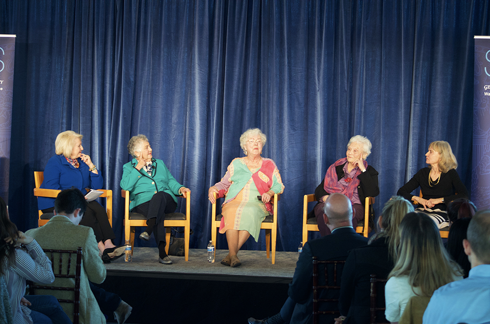 LAUREN SEIBEL/THE HOYA Melanne Verveer (I ’66, MS ’69), left, moderated a panel of four of the School of Foreign Services first women graduates — Barbara Berky Evans (SFS ’58), Barbara Hammes Sharood (SFS ’58), Helene Gettler Mallett (SFS ’59) and Paula Wiegert Tosini (SFS ’60) — on April 18 in Fisher Colloquium.