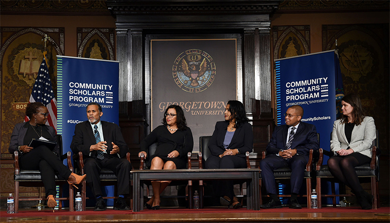 GEORGETOWN UNIVERSITY Center for Multicultural Equity and Access Director Charlene Brown-McKenzie (C 95) (left) facilitated a panel of Community Scholars Program alumni at an event honoring the programs 50th anniversary Oct. 5.