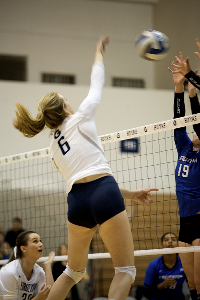 AARON WEINMANN FOR THE HOYA
Senior outside hitter Olivia King, whose 79 kills on the season place her fourth on the team, has bolstered Georgetowns offense this year.