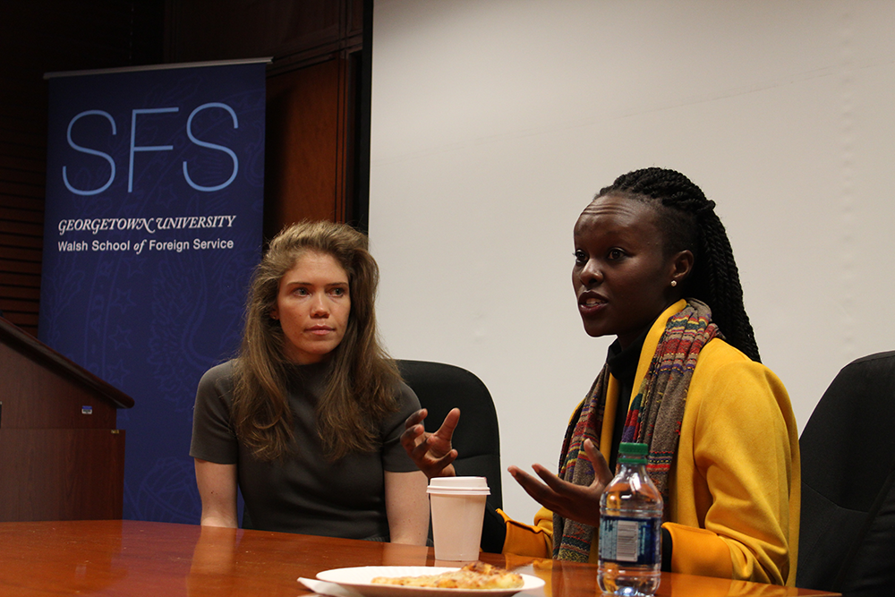 ASHLEY CHEN FOR THE HOYA Reilly Dowd (SFS ’13) (left) and Wanjiku Ngare (SFS ’13) (right) spoke about their documentary “Dreams of Daraa, which highlights a womans experience during the Syrian civil war, at an event Monday.