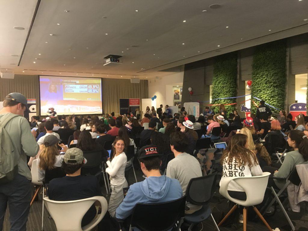 MASON MANDELL FOR THE HOYA Students watched in a packed Healey Family Student Center as election results came in Tuesday evening.