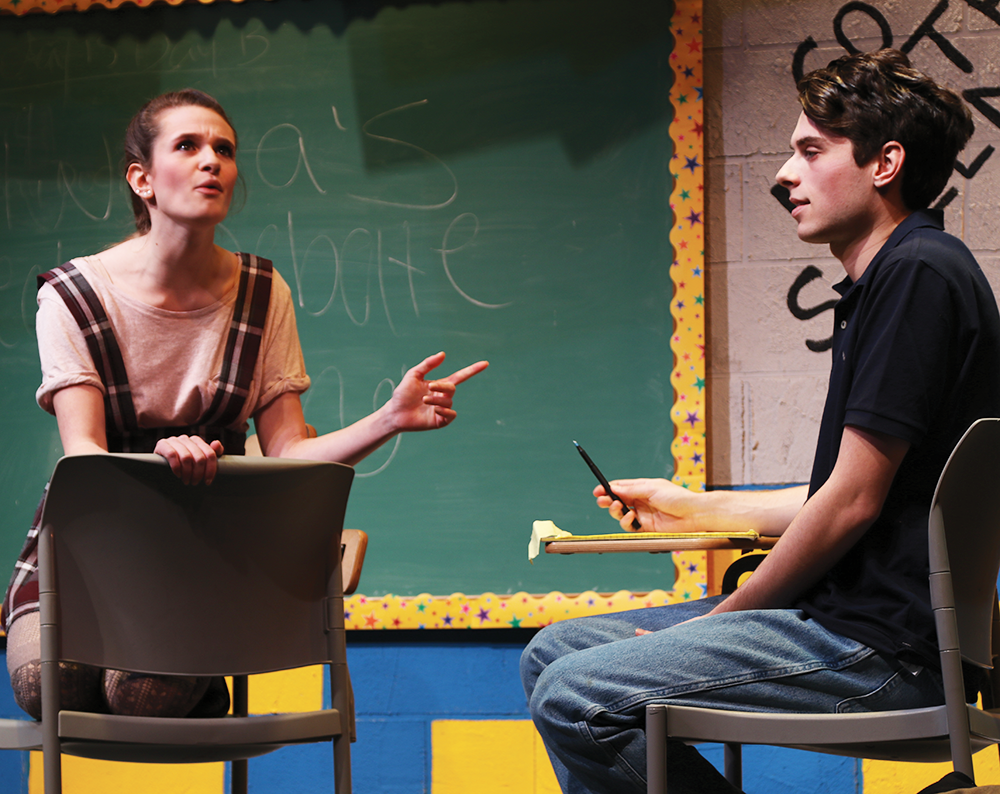 Amy Li/The Hoya | Centered around the lives of three teenagers — Cristin Cowley (MSB ’20) as Diwata, left, Nate Weiand (COL ’21) as Solomon, right, and Ben Ulrich (SFS ’20) as Howie — “Speech & Debate” is an inventive and enthralling experience, from the performances to the production value. Directed by Mark Camilli, the play deals with timely issues affecting young people. 
