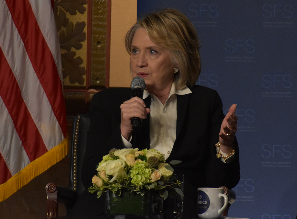 AMBER GILLETTE/THE HOYA | Former Secretary of State Hillary Clinton said that President Donald Trump’s administration must reinforce weakening relationships with European and Asian countries at an event in Gaston Hall on Wednesday.