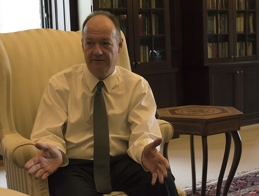AMBER GILLETTE/THE HOYA | University President John J. DeGioia sat down with editor-in-chief of The Hoya Maya Gandhi (SFS 20) to discuss the GU272 referendum, Title IX policies, the admissions bribery scheme and the universitys ties to the clerical sexual abuse crisis.