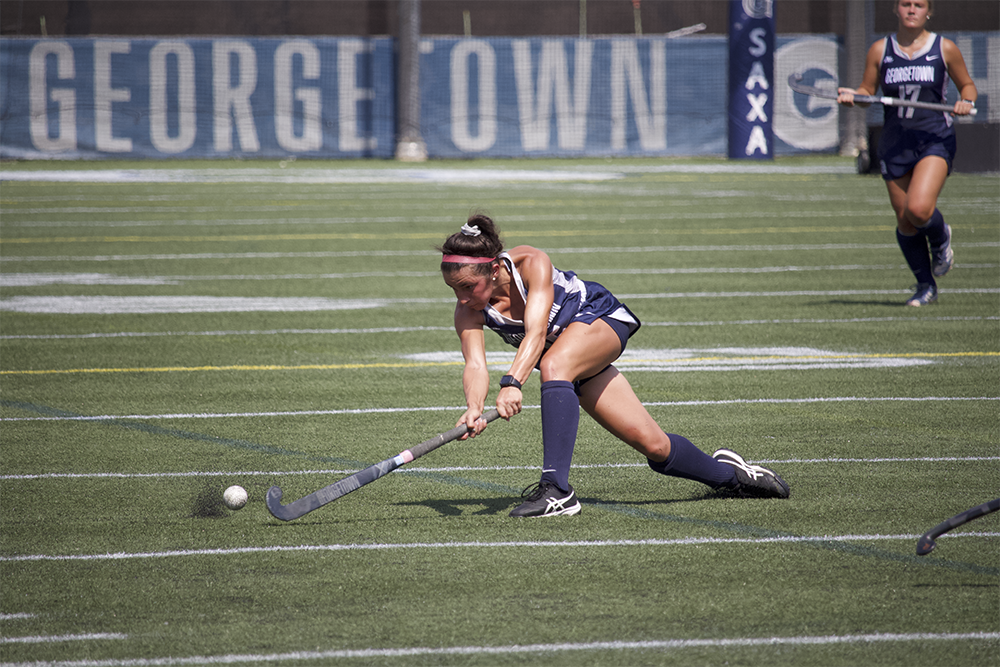 FILE PHOTO: ELLIE STABB FOR THE HOYA | In a recent home game, junior midfield Kylee Cunningham looks to move the ball upfield.  Cunningham has one goal so far this season, scored at Rider.