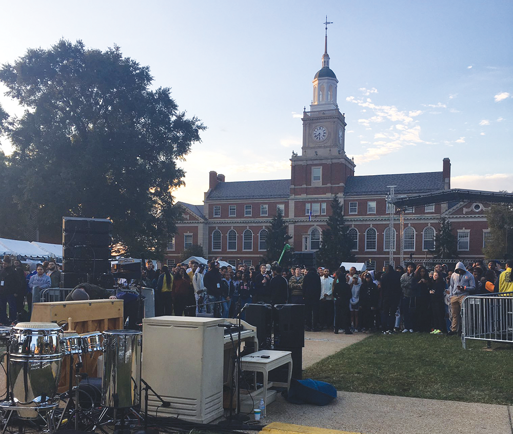 @BISONHOMECOMING/TWITTER | Wests day began at 8 a.m. with Sunday Service on Howards main quad before he made a visit to GW where he played unreleased samples off his upcoming album.