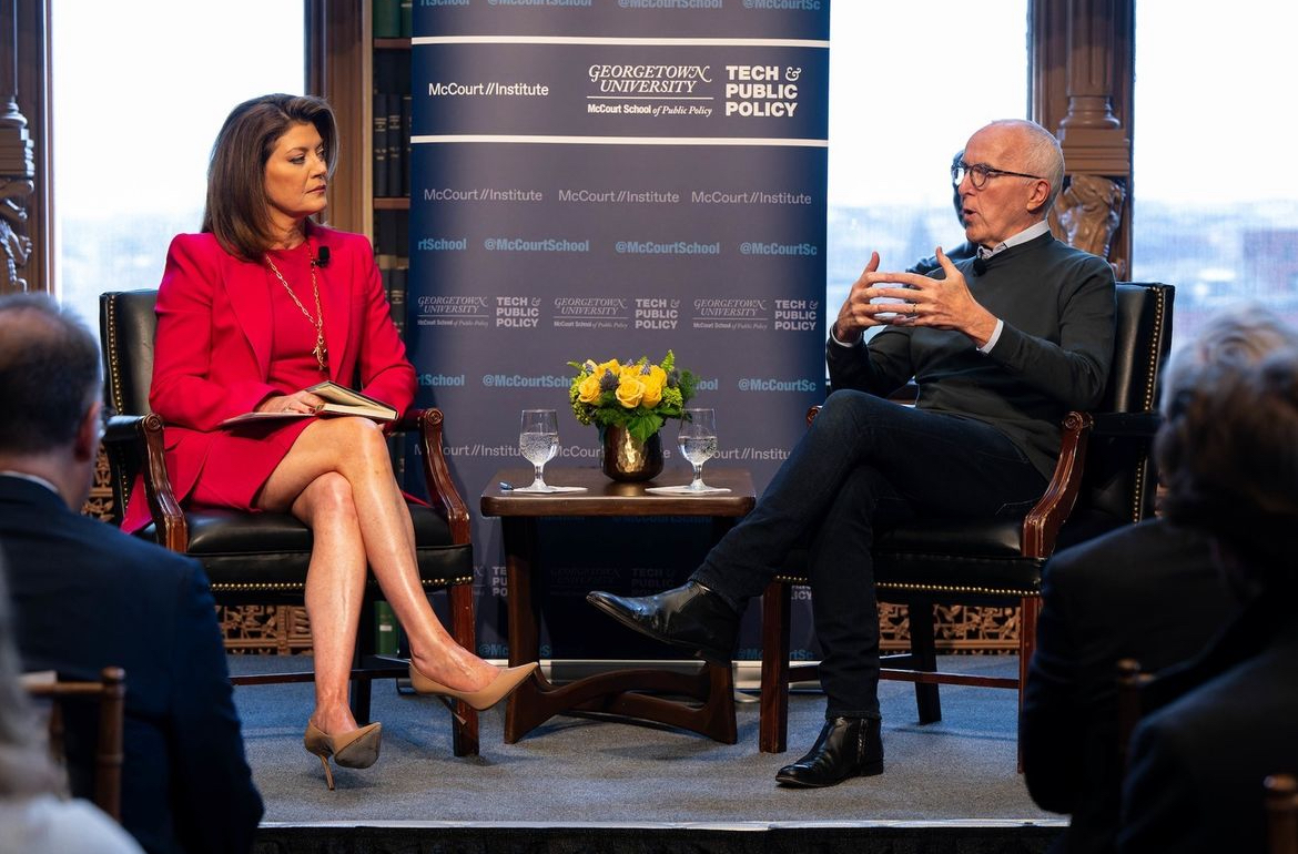 Courtesy of Georgetown University | Frank McCourt Jr., founding donor for the McCourt School of Public Policy, called for safer online platforms and warned of the dangerous power of digital platforms in a book talk with journalist Norah O’Donnell (COL ’95, GRD ’03) on March 18, focusing on the importance of taking action and working collectively to create a better digital world.