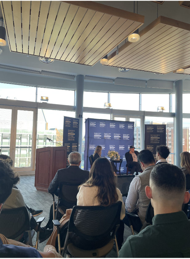 Joshua Chilmaid/The Hoya | Real estate investor Ron Kravit (GSB 79) discussed the downturn and future of commercial real estate in the Steers Center for Global Real Estates annual McBride Lecture on March 18.