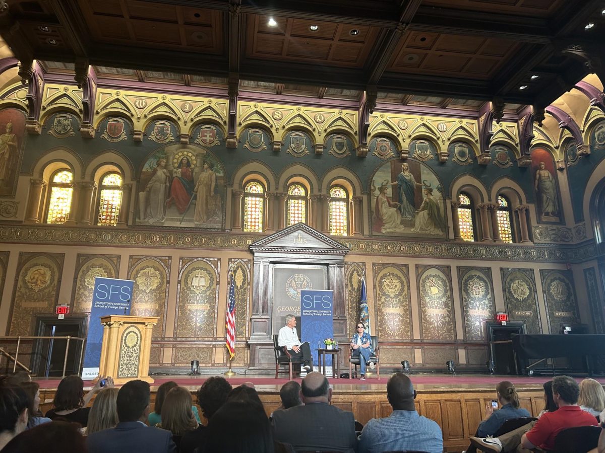 Caleigh Keating/The Hoya | Journalist Kara Swisher (SFS ’84) discussed the dangers and evolution of the internet and her professional journey as a pioneering technology reporter in a March 14 conversation in Gaston Hall.