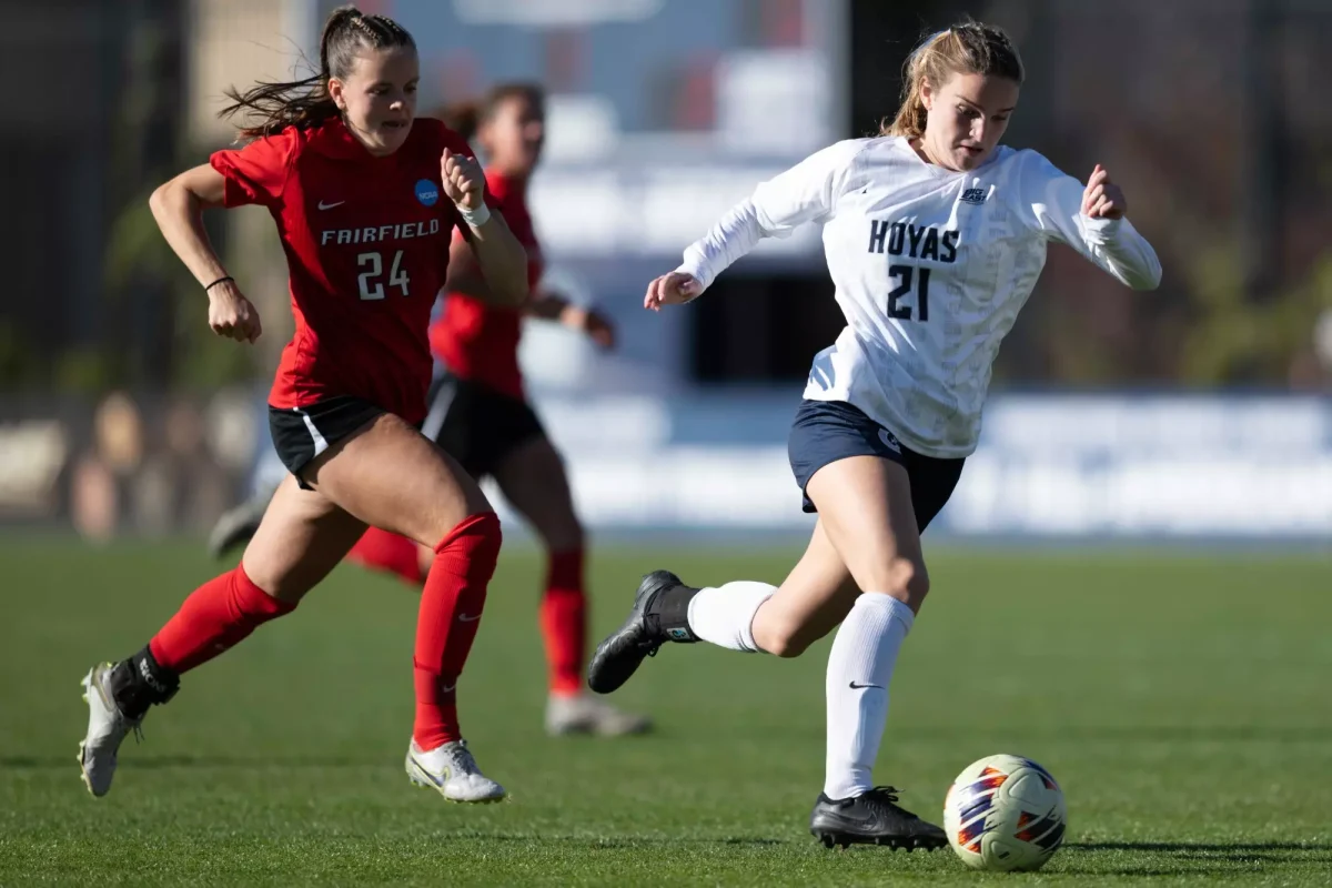 First-year midfielder Caroline Spengler gets ahead of her defender in Georgetown’s NCAA first round matchup against Fairfield—a game which the Hoyas’ won 3-0. (GUHoyas)