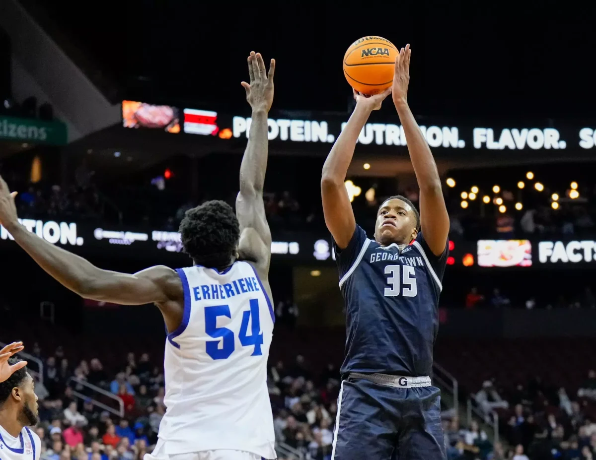 First-year center Thomas Sorber shoots a jump shot against the Seton Hall Pirates in their Dec. 22 matchup. Sorber registered 19 points, 8 rebounds, 4 blocks and 2 assists en route to a stellar statistical showing in his second career game in Big East play. (GUHoyas)