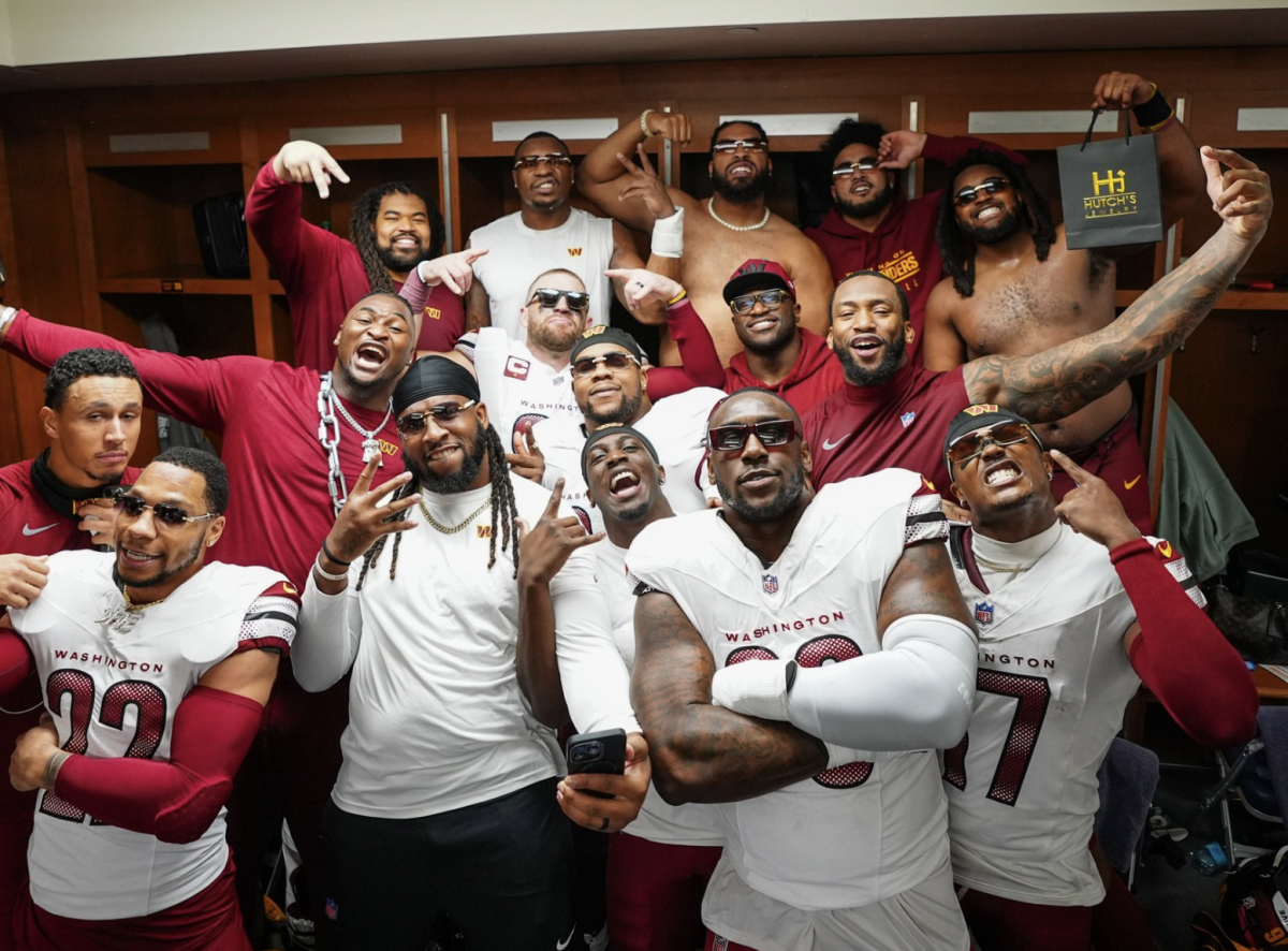 The Commanders celebrate in their locker room after advancing to the NFC championships for the first time since 1991, when they last won the Super Bowl. (@commanders/X)