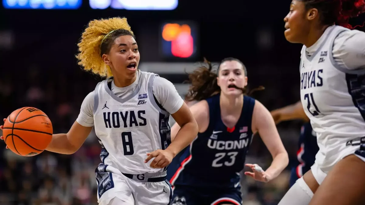 First-year guard Khadee Hession dribbles the ball during Georgetown's game against UConn Jan. 11. Hession tallied a team-high 22 points in the 73-55 loss. (GU Hoyas)