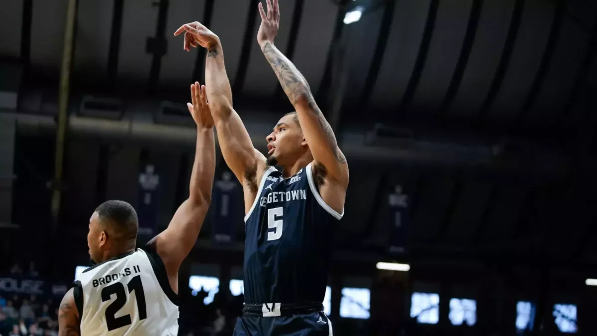 Graduate guard Micah Peavy takes a shot during Georgetown's game against Butler University Feb. 15. Peavy tallied 21 points, 10 assists and 7 rebounds in the Hoyas' 97-86 loss. (GU Hoyas)