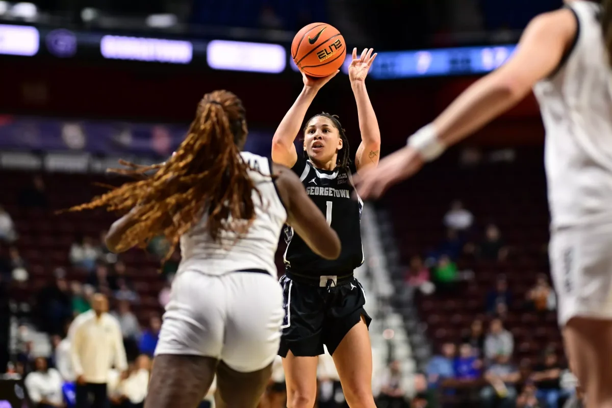 GUHoyas | Graduate guard Kelsey Ransom starred in a career game as the No. 10 Georgetown University Hoyas women’s basketball team outlasted the No. 7 Providence College Friars for a 58-56 win in the first round of the Big East women’s basketball tournament March 7.
