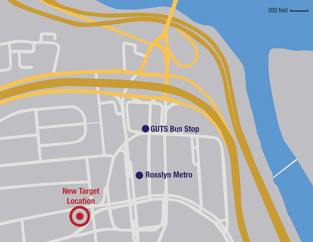 ANDREW WALLENDER/THE HOYA
Rosslyn’s new TargetExpress will celebrate its grand opening Saturday. The new storefront, located at 1500 Wilson Blvd., is a third of a mile from the Rosslyn Georgetown University Transportation Shuttles stop.