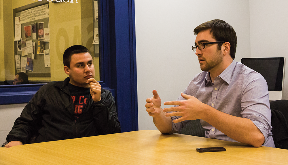 ALEXANDER BROWN/THE HOYA 
Former GUSA President Nate Tisa (SFS ’15), right, and Vice President Adam Ramadan (SFS ’15) reflect on their year in office, which focused on changing student culture and fostering engagement.