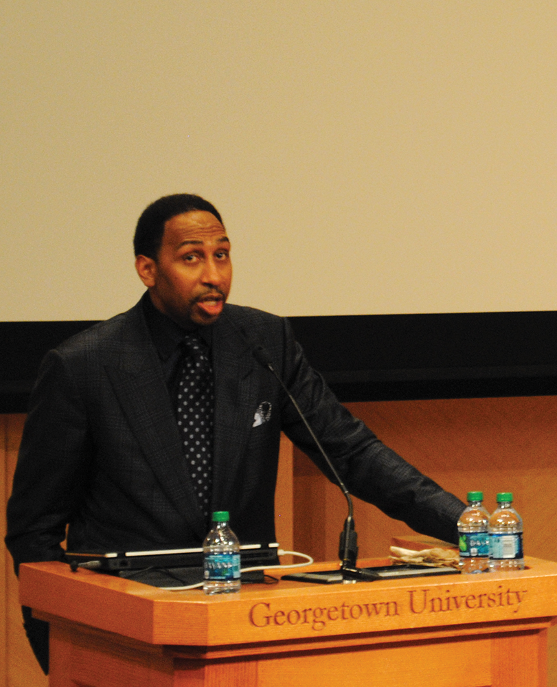 MATT DESILVA/THE HOYA
ESPN’s Stephen A. Smith delivered the Michael Jurist (SFS ’07) Memorial Lecture in characteristic style in Lohrfink on Monday.