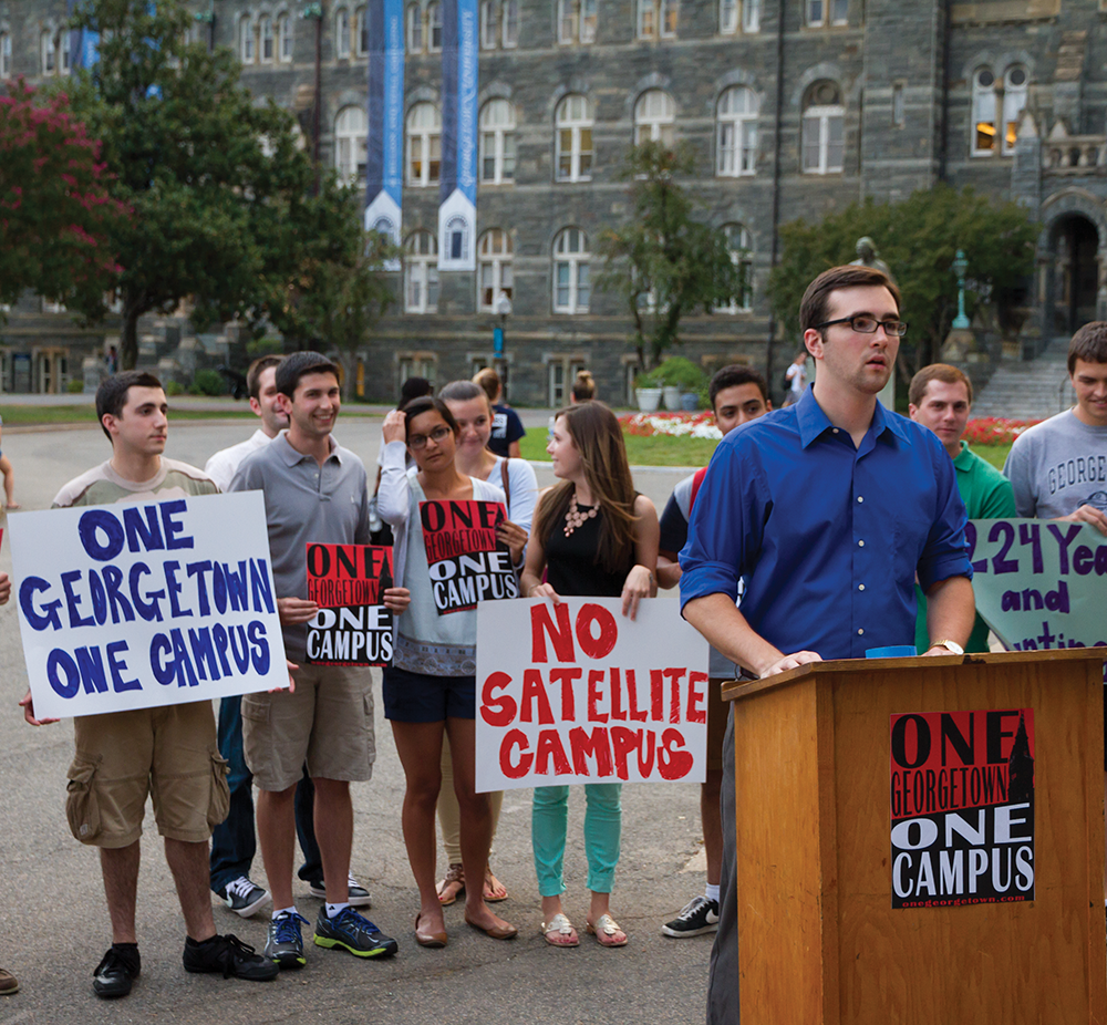 ALEXANDER BROWN/THE HOYA
Nate Tisa (SFS ’14) speaks at the One Georgetown, One Campus launch Sept. 8 protesting the proposed satellite residence.