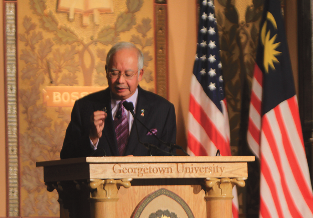 DAN GANNON FOR THE HOYA
Malaysian Prime Minister Najib Razak discussed foreign diplomacy and the future of Asian policy in Gaston Hall on Tuesday. His speech kicked off the Lecture Fund’s event series this year.