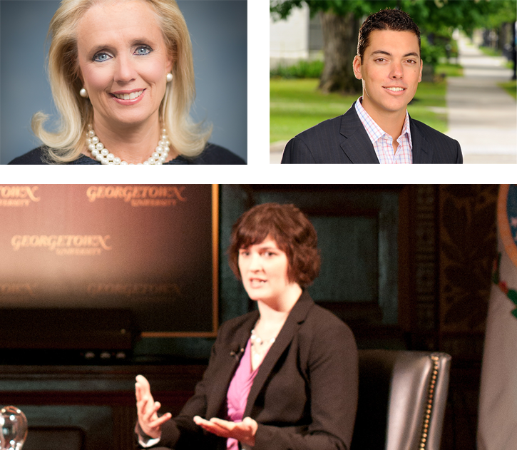 Deborah Dingell (SFS ’75, GRD ’98), left, and Nick Troiano (COL ’11, GRD ’13), center, are running to join the 20 Georgetown alumni in Congress. Sandra Fluke (LAW ’12) is running for California State Senate. 