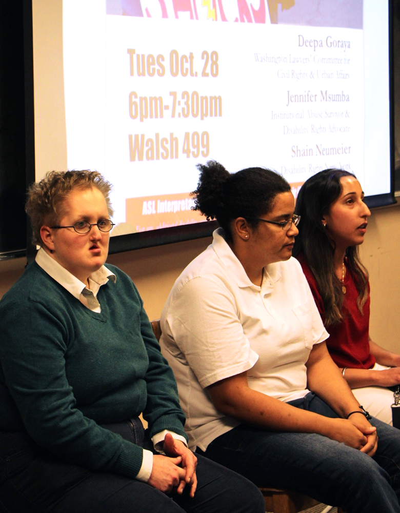 CLAIRE SOISSON/THE HOYA
Three panelists spoke about the instiutional abuse that disabled people often face in a discussion on Tuesday.