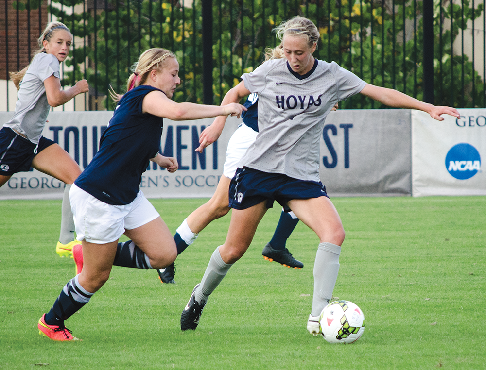 FILE PHOTO: DANIEL GANNON FOR THE HOYA
Freshman defender Elizabeth Wenger has helped the Georgetown defense to 9 shutouts in 16 games this year. Wenger, who has started 9 games this season, is an important part of a Hoyas defense that has allowed just 1 goal per game this season.