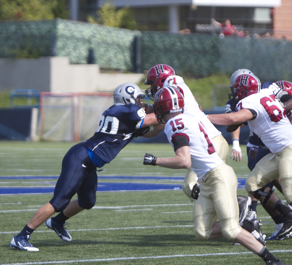 FILE PHOTO: cLAIRE sOISSON/THE HOYA
Senior defensive lineman Alec May leads the Patriot League with 15.5 sacks this season. He is second on the team with 80 tackles.