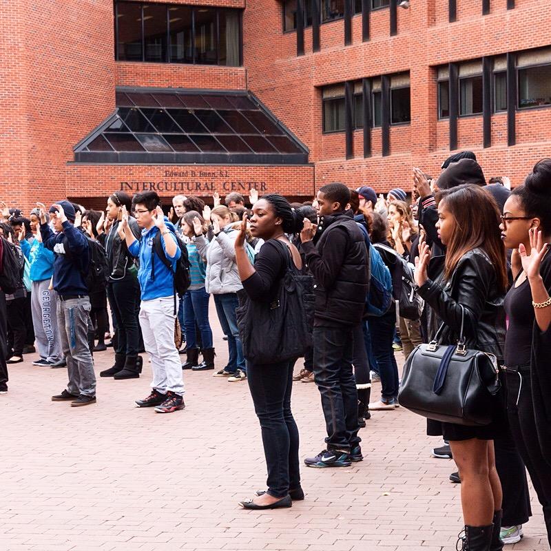 MICHELLE XU/THE HOYA
Students participating in the silent demonstration in Red Square on Tuesday.