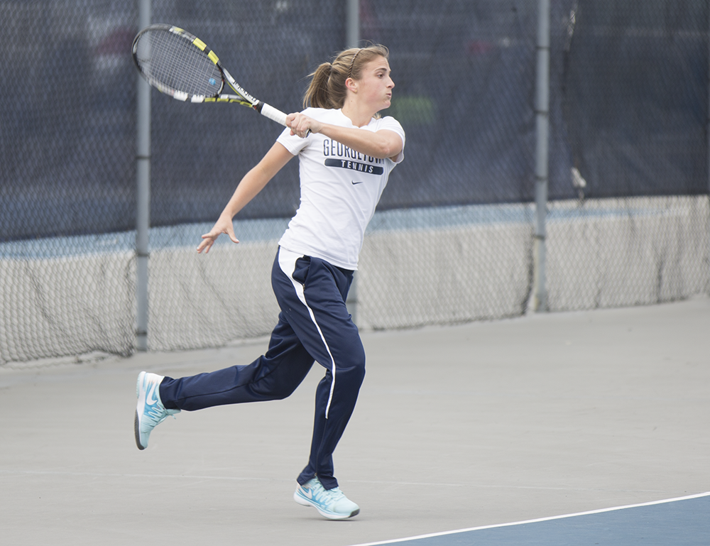 FILE PHOTO: ALEXANDER BROWN/THE HOYA
Sophie Panarese is the lone senior playing for the women’s tennis team this year. Panarese finished the 2013-14 season with a 10-15 overall record.