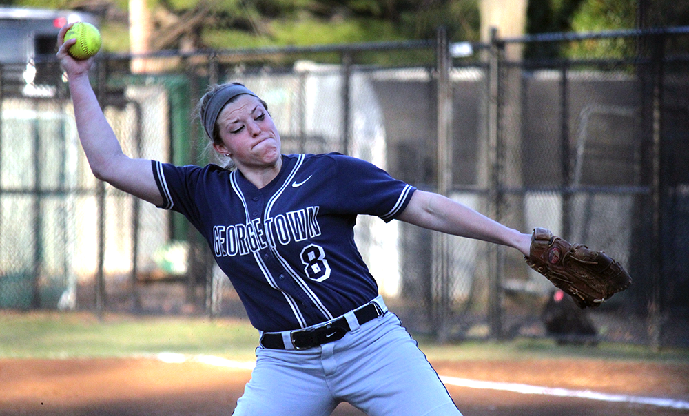 FILE PHOTO: ERIN NAPIER/THE HOYA 
Senior pitcher Megan Hyson hit a grand slam in her relief effort against South Dakota on Friday to help the Hoyas to an 8-0 win. 