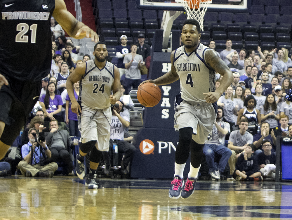 CLAIRE SOISSON/THE HOYA
Junior guard DVauntes Smith-Rivera led all scorers with 21 points in Georgetowns loss to Providence on Wednesday night. Smith Rivera was 6-of-14 of the field and 5-of-10 from the three-point line.