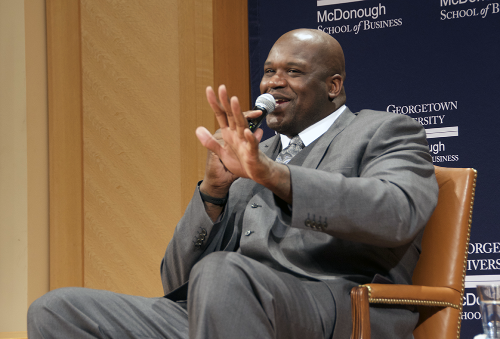 KATHLEEN GUAN FOR THE HOYA 
NBA champion Shaquille O’Neal discussed his personal brand and his commitment to philanthropy as part of GAMBLE’s Diversity Dialogue Conference on Friday.