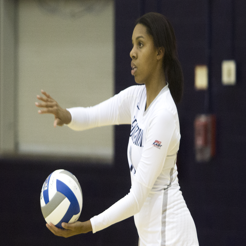 ERICK CASTRO/THE HOYA
Freshman outside hitter Alyssa Sinnette had a game-high 15 kills in Georgetown’s straight sets win over North Carolina Central. Sinnette leads the team with 3.73 kills per set this season. 