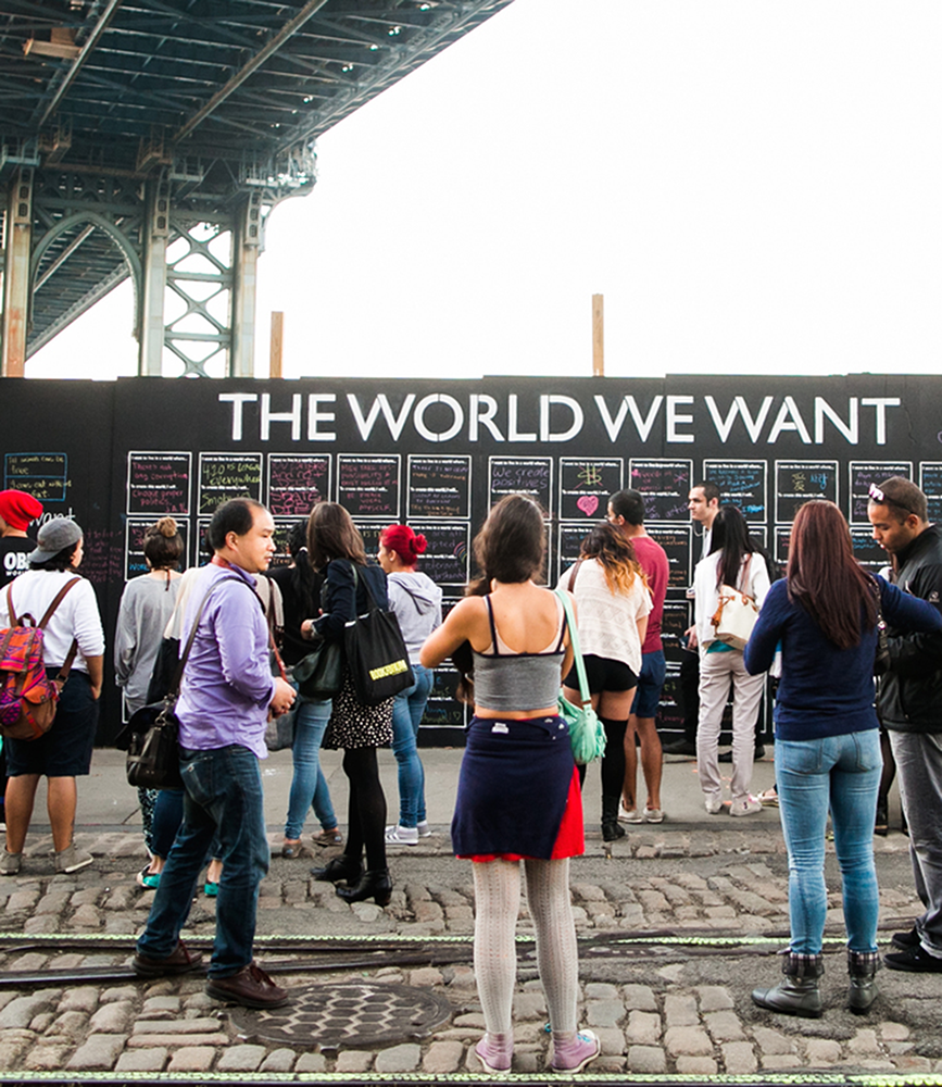 THE WORLD WE WANT
Residents and tourists in New York City signed the first “The World We Want Wall” last Sept. The art installation comes to Washington, D.C. this Friday.