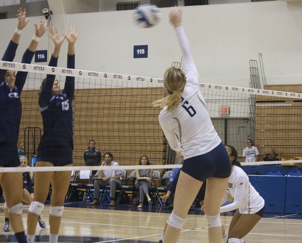 FILE PHOTO: SOPHIE FAABORG-ANDERSEN/THE HOYA
Freshman Liv King has recorded the second-most kills for the Hoyas with 210 on the season, with an average of 2.53 kills per set. She also has the second most overall points on the team with 233.5. 
