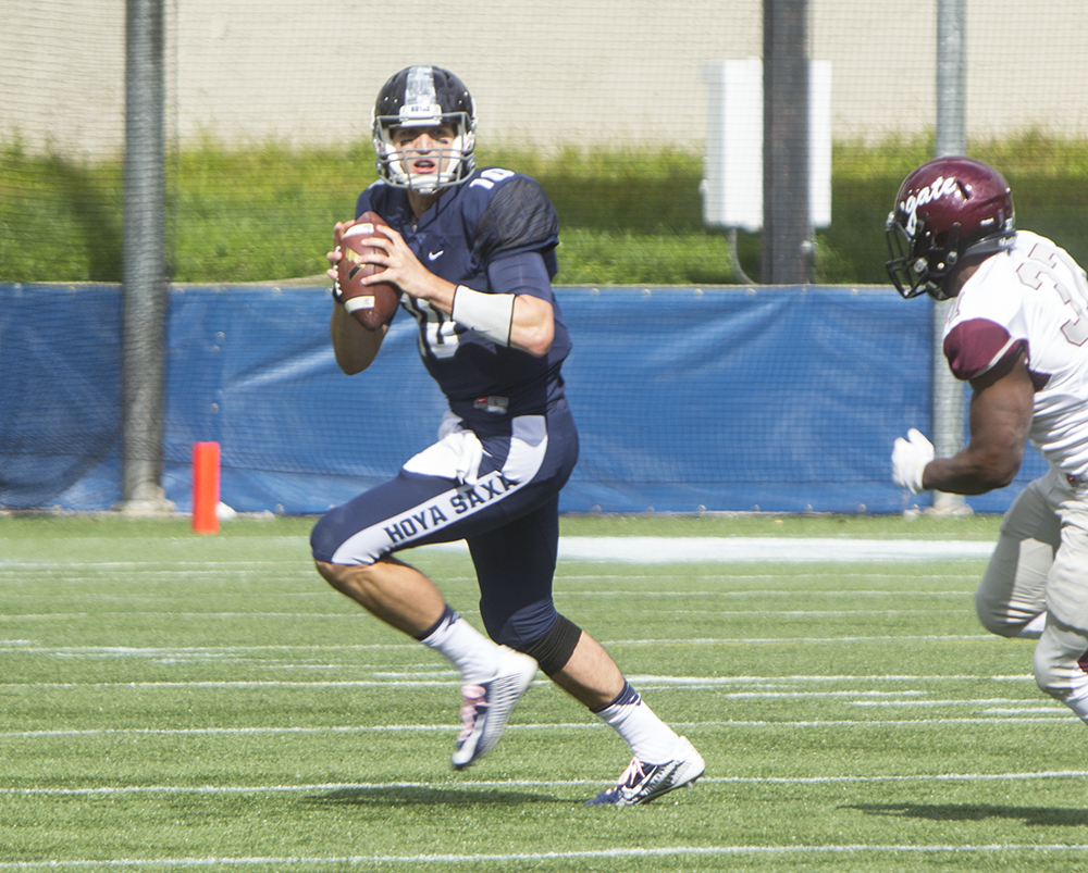FILE PHOTO: NAAZ MODAN/THE HOYA
Senior quarterback Kyle Nolan threw for 194 yards and recorded a rushing touchdown in Georgetown’s 17-13 loss to Colgate. Nolan has 1484 passing yards and 10 passing touchdowns so far in the 2015 season.