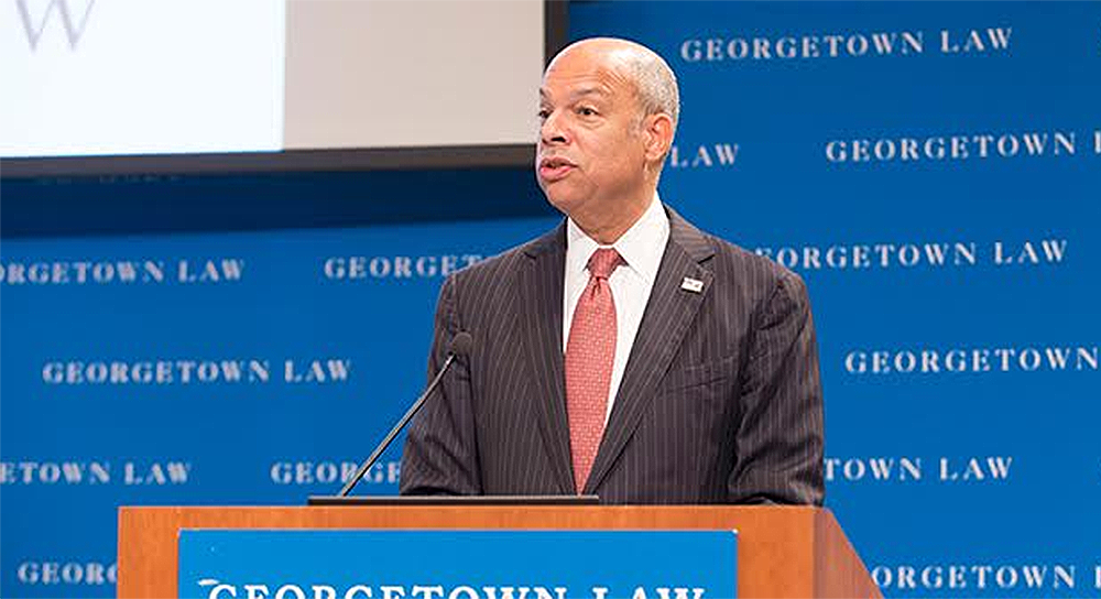 GEORGETOWN UNIVERSITY
U.S. Secretary for Homeland Security Jeh Johnson delivered the keynote address at the 12th annual Immigration Law and Policy Conference at Georgetown University Law Center’s Hart Auditorium on Oct. 29.