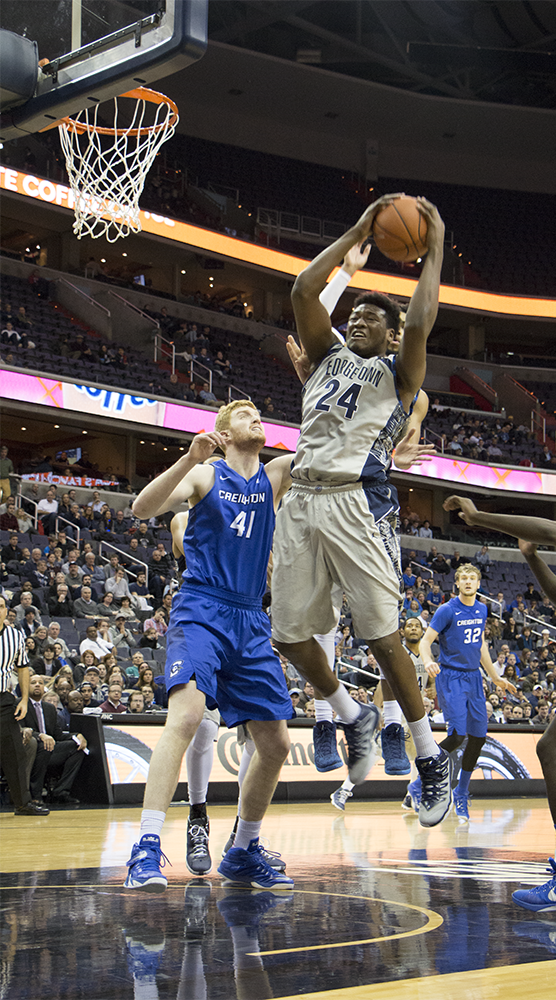 CLAIRE SOISSON/THE HOYA
Freshman forward Marcus Derrickson scored 10 points and grabbed four rebounds in Georgetown’s win over Creighton on Tuesday night.