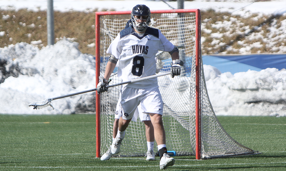 STANLEY DAI/THE HOYA
Senior defender and co-captain Nic Mahaney has two ground balls this season and has taken two shots, including one in Georgetown’s loss to Duke on Saturday. Mahaney finished the 2015 season with seven ground balls and two caused turnovers.