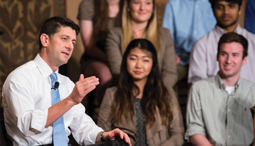 COURTESY GEORGETOWN UNIVERSITY
Speaker of the House Paul Ryan (R-Wis.) addressed a full Gaston Hall on Wednesday at a town hall-style event hosted by the Georgetown Institute of Politics and Public Service, stressing the importance of voter engagement among millennials. 