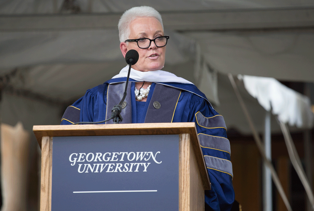 ANIEL SMITH/THE HOYA
United States Agency for International Development Administrator Gayle Smith addressed students graduating from the McCourt School of Public Policy outside Healy Hall on Thursday evening in the first of 10 commencement ceremonies this weekend.