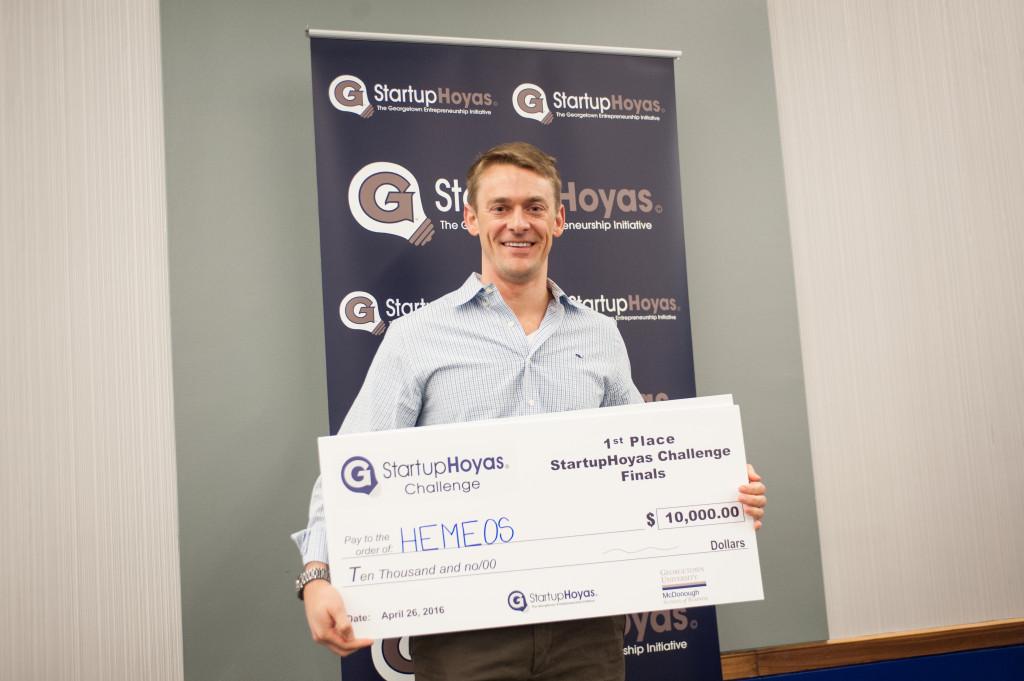 COURTESY GEORGETOWN UNIVERSITY Doug Grant (MBA 16) won $10,000 at Entrepalooza for his pitch of Hemeos, a blood cell stem registry startup 