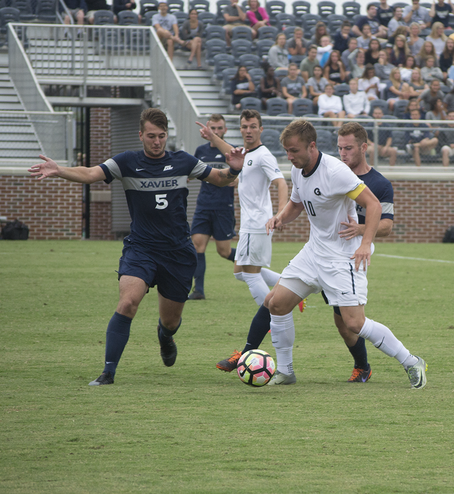 GENEVIEVE GRESSER/THE HOYA
Senior forward Brett Campbell had four shots in Saturday’s 2-0 loss to Xavier. He has four points, two goals and 14 shots on the season. 
