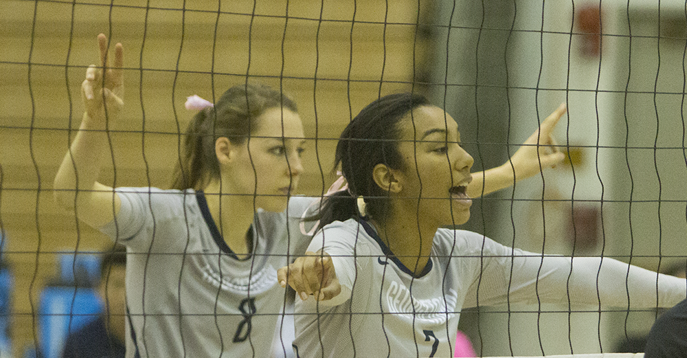 FILE PHOTO: STANLEY DAI/THE HOYA
Senior middle blocker Ashlie Williams, right, has played in 35 sets this season and started all nine matches. She has recorded 84 kills and six attacks to go along with 19 digs and 31 total blocks.