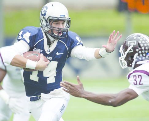 GEORGETOWN ATHLETICS
Senior quarterback Tim Barnes appeared in five games last season and threw for 79 yards total. He also rushed for 47 yards and is this year’s recipient of the No. 35 Joe Eacobacci Memorial Jersey. 