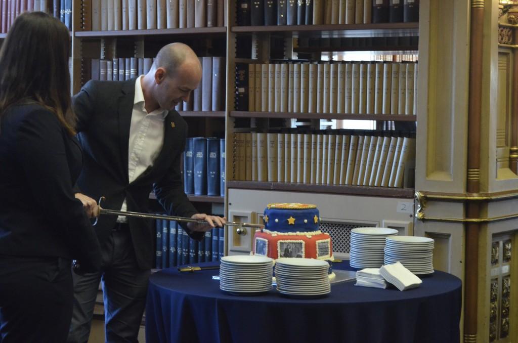 CAROLINE LANDLER/THE HOYA
As part of a campuswide celebration of Veterans Day, student veterans, faculty and guests gathered in Riggs Library for a commemoration of the 241st birthday of the Marine Corps, which included a cake-cutting ceremony.