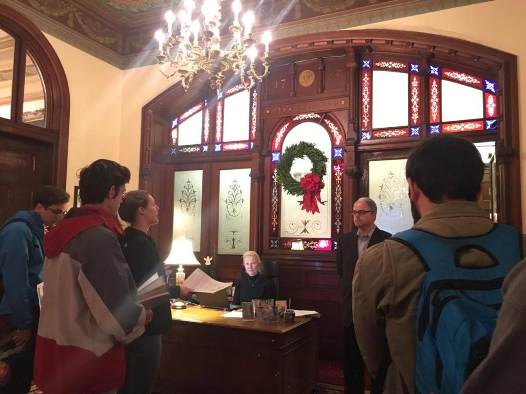 JEANINE SANTUCCI/THE HOYA
About 10 students from the Georgetown Solidarity Committee delivered a letter yesterday to Chief of Staff Joseph Ferrara demanding the university end its contract with Nike by the end of business hours today.