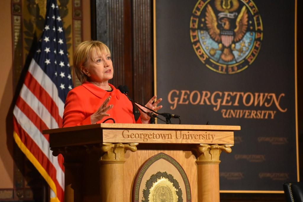 JESUS RODRIGUEZ/THE HOYA
Former Secretary of State Hillary Clinton advocated continued American leadership abroad in a speech in Gaston Hall on Friday. 