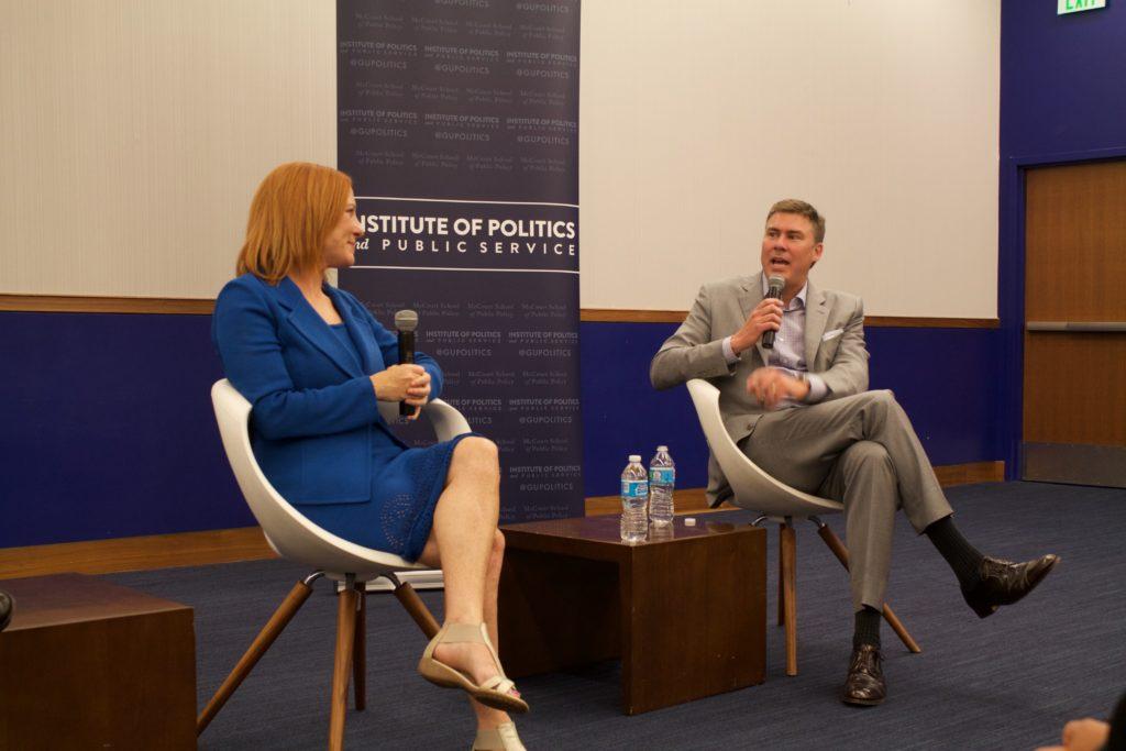 ANNA KOVACEVICH/THE HOYA
Former Obama communications director Jen Psaki, left, and former Trump communications director, right, discuss their respective experiences in the White House.